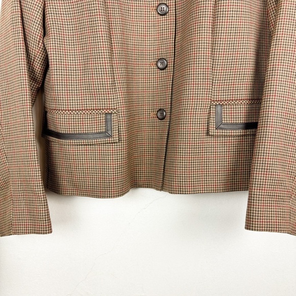 Pendleton Brown Houndstooth Plaid Virgin Wool Leather Trim Blazer Sz 12 - Picture 5 of 9